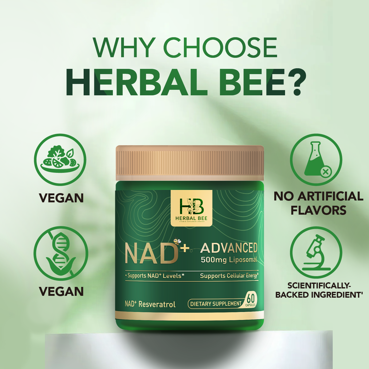 Herbal Bee Liposomal Nad+, Cellular Energy & Mitochondrial Support – Healthy Aging & Antioxidant Support – 60 Capsules (30 Servings)