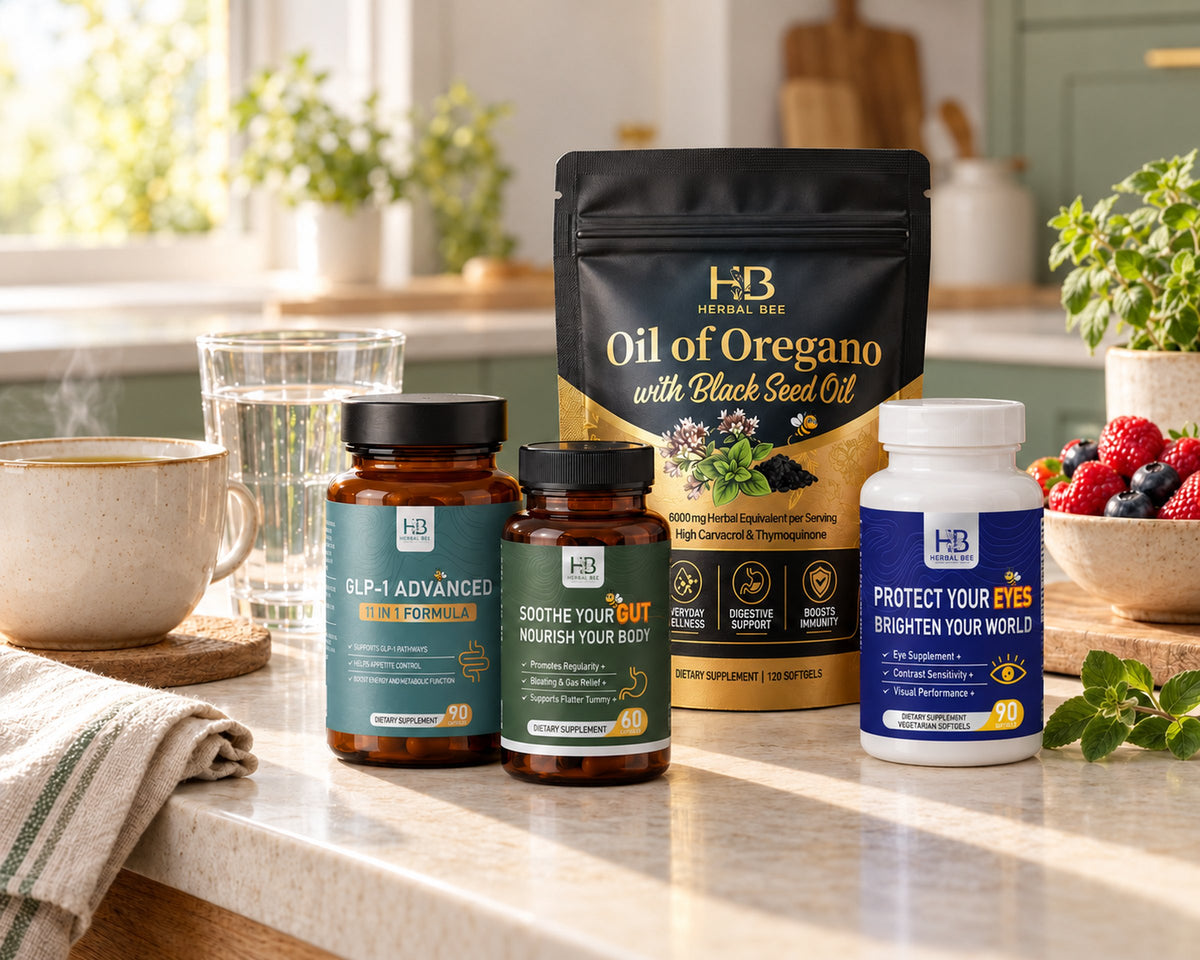 Herbal Bee GLP-1 Advanced, Gut Health, Oil of Oregano and Eye Supplement on a sunlit kitchen counter