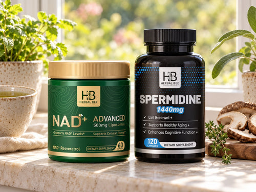 Herbal Bee Liposomal NAD+ and Spermidine on a windowsill with green tea and mushrooms