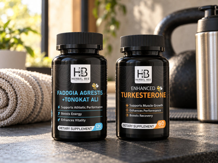 Herbal Bee Fadogia + Tongkat Ali and Turkesterone with a gym towel and shaker
